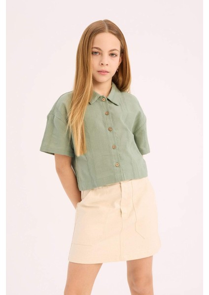 Kız Çocuk Cropped Fit Keten Kısa Kollu Gömlek D9143A825SM