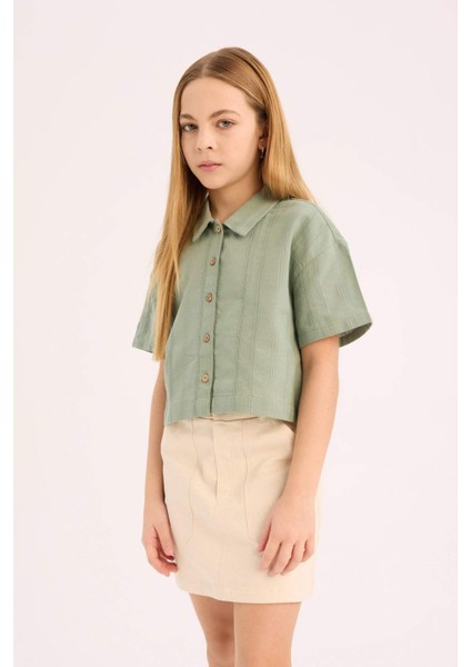 Kız Çocuk Cropped Fit Keten Kısa Kollu Gömlek D9143A825SM