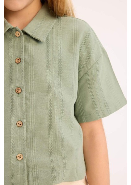 Kız Çocuk Cropped Fit Keten Kısa Kollu Gömlek D9143A825SM