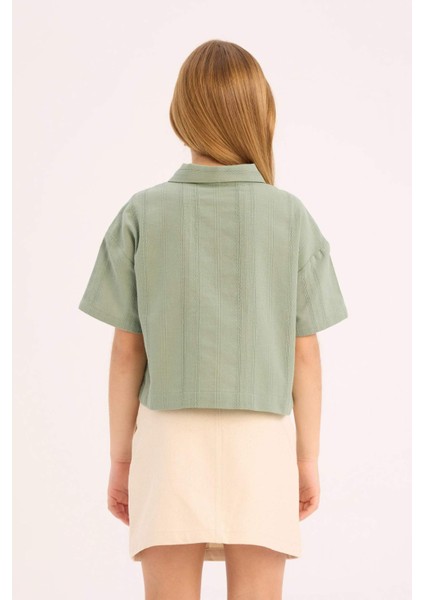 Kız Çocuk Cropped Fit Keten Kısa Kollu Gömlek D9143A825SM