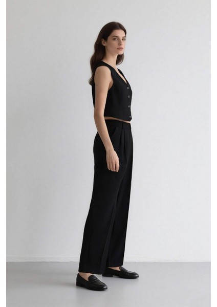 Palazzo Çift Cepli Yüksek Bel Düz Paça Cepli Krep Kumaş Klasik Kumaş Pantolon D9541AX24AU