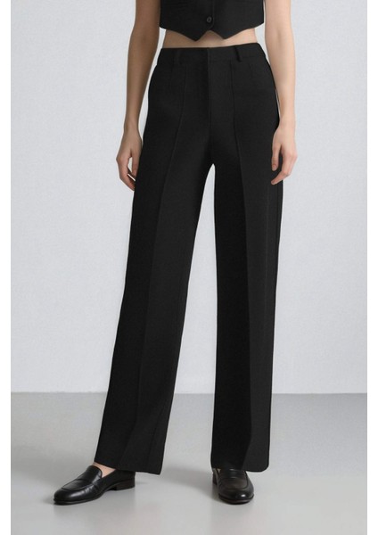 Palazzo Çift Cepli Yüksek Bel Düz Paça Cepli Krep Kumaş Klasik Kumaş Pantolon D9541AX24AU