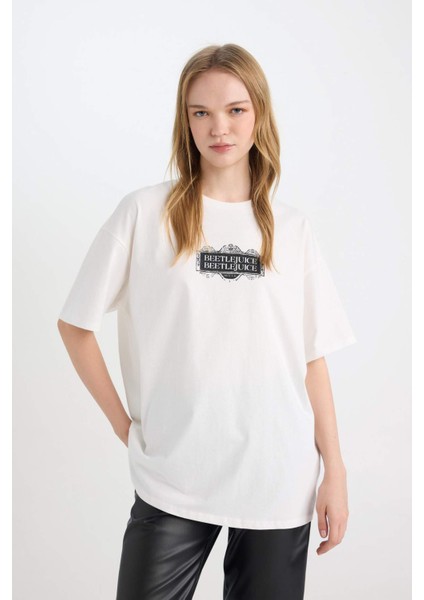 Coool Beetlejuice Oversize Geniş Kalıp Bisiklet Yaka Baskılı Kısa Kollu Tişört D8363AX24AU