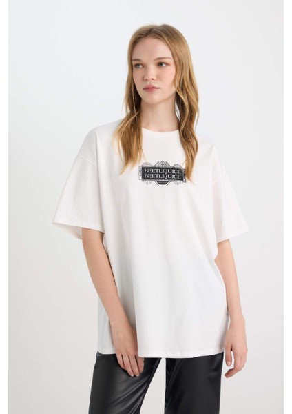 Coool Beetlejuice Oversize Geniş Kalıp Bisiklet Yaka Baskılı Kısa Kollu Tişört D8363AX24AU