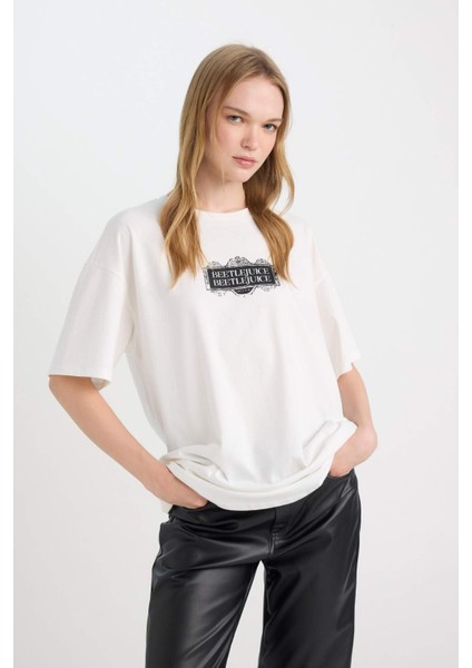 Coool Beetlejuice Oversize Geniş Kalıp Bisiklet Yaka Baskılı Kısa Kollu Tişört D8363AX24AU