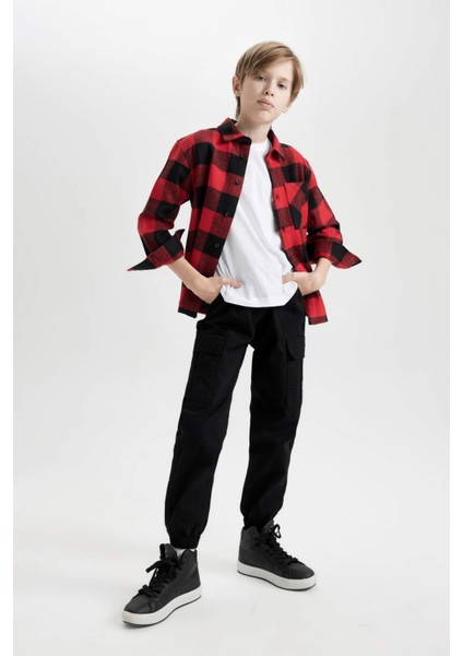 Erkek Çocuk Oversize Geniş Kalıp Polo Yaka Pamuklu Uzun Kollu Kareli Gömlek D9721A824WN