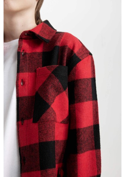 Erkek Çocuk Oversize Geniş Kalıp Polo Yaka Pamuklu Uzun Kollu Kareli Gömlek D9721A824WN