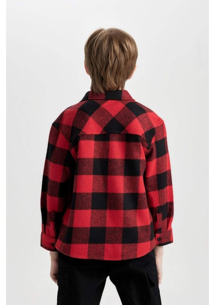 Erkek Çocuk Oversize Geniş Kalıp Polo Yaka Pamuklu Uzun Kollu Kareli Gömlek D9721A824WN