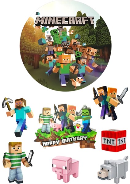 Yenilebilir Yuvarlak Pasta ve Figür Resim Baskısı Şekerli Kağıt Minecraft Temalı 36