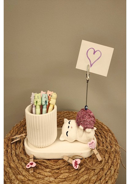 Purida Design Dekoratif Sevimli Kedi Kalemlik ve Notluk Seti