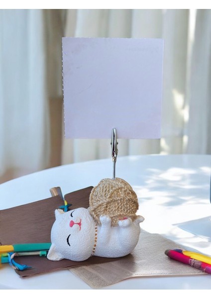 Açık Altın Yumaklı Yatan Kawaii Kedi Temalı Not Tutacağı Fotoğraf Tutacak Tutucu Ofis Hediyelik modelleri