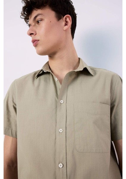 %100 Pamuk Regular Fit Yazlık Polo Yaka Keten Görünümlü Kısa Kollu Gömlek D7551AX25SP