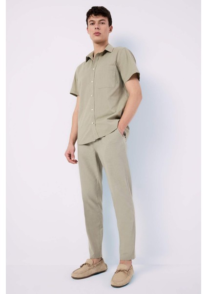 %100 Pamuk Regular Fit Yazlık Polo Yaka Keten Görünümlü Kısa Kollu Gömlek D7551AX25SP