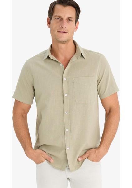 %100 Pamuk Regular Fit Yazlık Polo Yaka Keten Görünümlü Kısa Kollu Gömlek D7551AX25SP