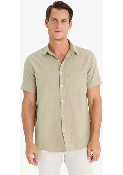 %100 Pamuk Regular Fit Yazlık Polo Yaka Keten Görünümlü Kısa Kollu Gömlek D7551AX25SP