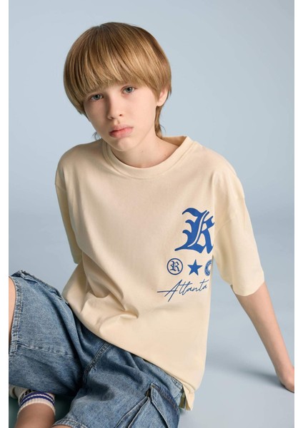 Erkek Çocuk Oversize Geniş Kalıp Bisiklet Yaka Baskılı Kısa Kollu Tişört B6165A825SM