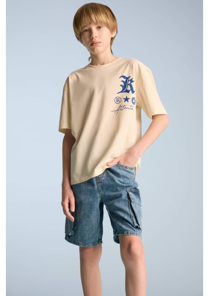 Erkek Çocuk Oversize Geniş Kalıp Bisiklet Yaka Baskılı Kısa Kollu Tişört B6165A825SM