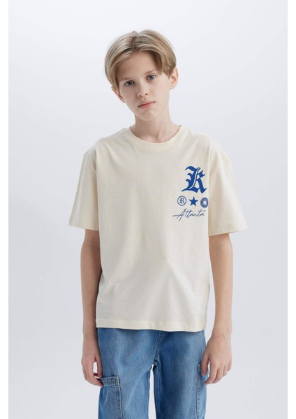 Erkek Çocuk Oversize Geniş Kalıp Bisiklet Yaka Baskılı Kısa Kollu Tişört B6165A825SM