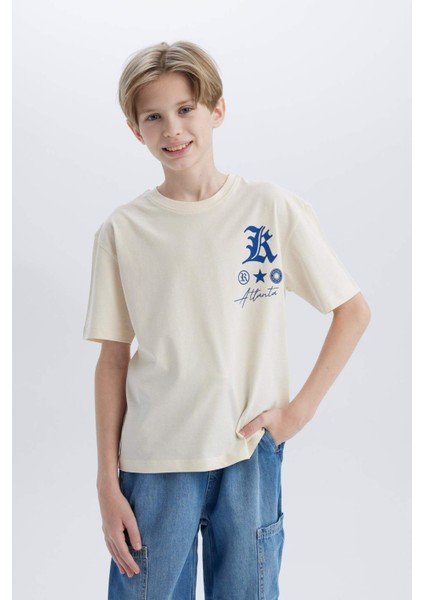 Erkek Çocuk Oversize Geniş Kalıp Bisiklet Yaka Baskılı Kısa Kollu Tişört B6165A825SM
