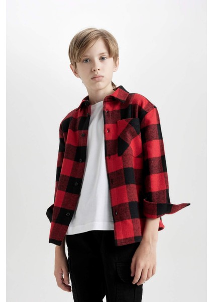 Erkek Çocuk Oversize Geniş Kalıp Polo Yaka Pamuklu Uzun Kollu Kareli Gömlek D9721A824WN