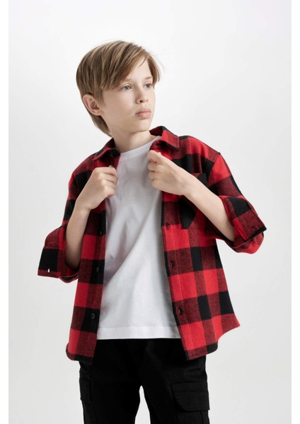 Erkek Çocuk Oversize Geniş Kalıp Polo Yaka Pamuklu Uzun Kollu Kareli Gömlek D9721A824WN