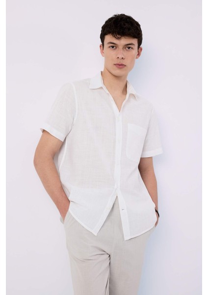 %100 Pamuk Regular Fit Yazlık Polo Yaka Keten Görünümlü Kısa Kollu Beyaz Gömlek D7551AX25SP