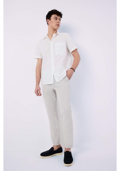 %100 Pamuk Regular Fit Yazlık Polo Yaka Keten Görünümlü Kısa Kollu Beyaz Gömlek D7551AX25SP