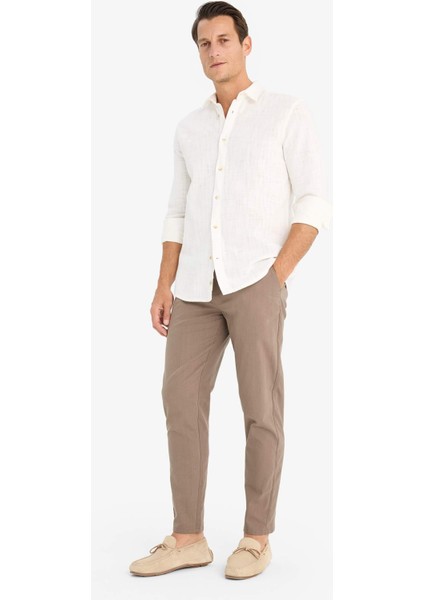 %100 Pamuk Regular Fit Yazlık Polo Yaka Keten Görünümlü Kısa Kollu Beyaz Gömlek D7551AX25SP