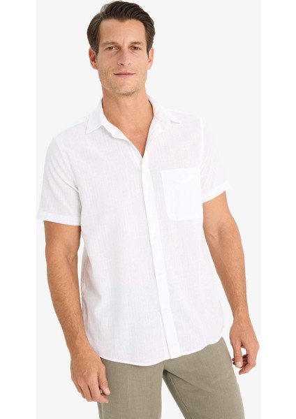 %100 Pamuk Regular Fit Yazlık Polo Yaka Keten Görünümlü Kısa Kollu Beyaz Gömlek D7551AX25SP