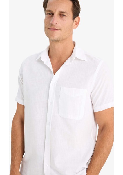 %100 Pamuk Regular Fit Yazlık Polo Yaka Keten Görünümlü Kısa Kollu Beyaz Gömlek D7551AX25SP