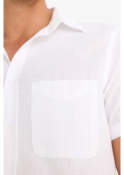 %100 Pamuk Regular Fit Yazlık Polo Yaka Keten Görünümlü Kısa Kollu Beyaz Gömlek D7551AX25SP