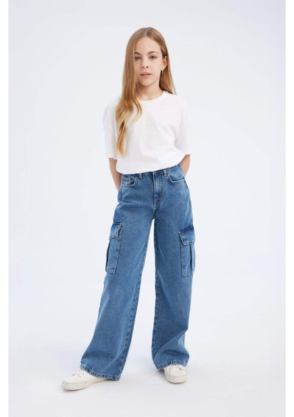 Kız Çocuk Wide Leg Kargo Geniş Bol Paça Pamuklu Jean Pantolon D7091A825SM