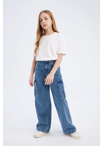 Kız Çocuk Wide Leg Kargo Geniş Bol Paça Pamuklu Jean Pantolon D7091A825SM
