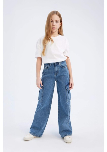 Kız Çocuk Wide Leg Kargo Geniş Bol Paça Pamuklu Jean Pantolon D7091A825SM