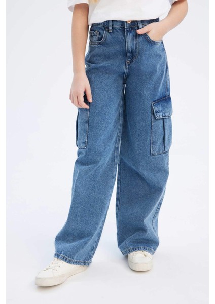 Kız Çocuk Wide Leg Kargo Geniş Bol Paça Pamuklu Jean Pantolon D7091A825SM