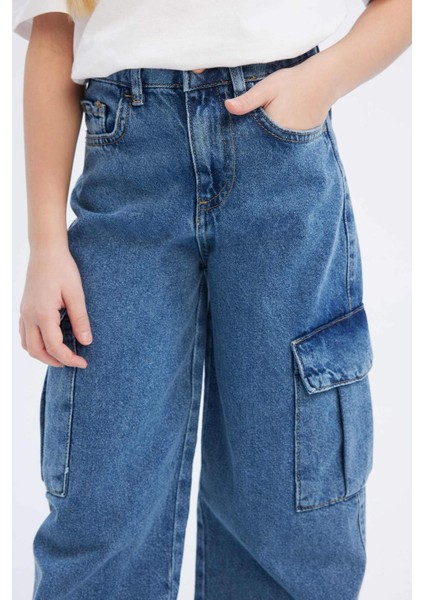 Kız Çocuk Wide Leg Kargo Geniş Bol Paça Pamuklu Jean Pantolon D7091A825SM