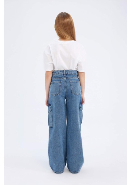 Kız Çocuk Wide Leg Kargo Geniş Bol Paça Pamuklu Jean Pantolon D7091A825SM