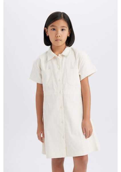 Kız Çocuk Gabardin Cepli Düğmeli Kısa Kollu Yazlık Elbise D9223A825SM