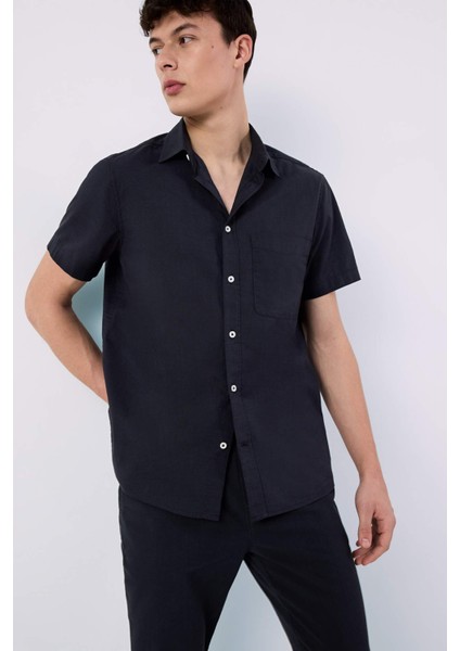 %100 Pamuk Regular Fit Yazlık Polo Yaka Keten Görünümlü Kısa Kollu Gömlek D7551AX25SP