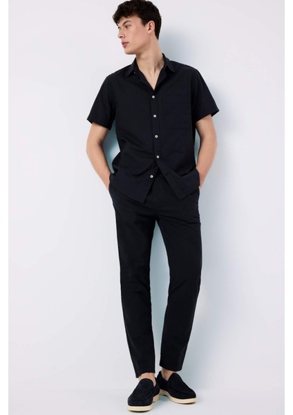 %100 Pamuk Regular Fit Yazlık Polo Yaka Keten Görünümlü Kısa Kollu Gömlek D7551AX25SP