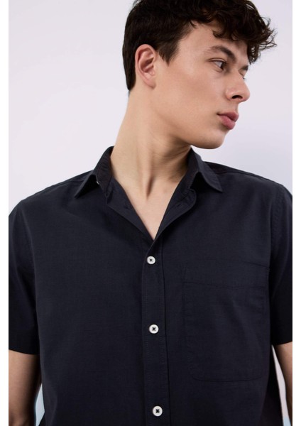 %100 Pamuk Regular Fit Yazlık Polo Yaka Keten Görünümlü Kısa Kollu Gömlek D7551AX25SP