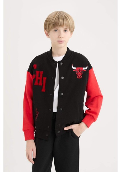 Erkek Çocuk NBA Chicago Bulls Kolej Yaka Çıtçıtlı Sırt Baskılı Bomber Ceket D9556A825SP