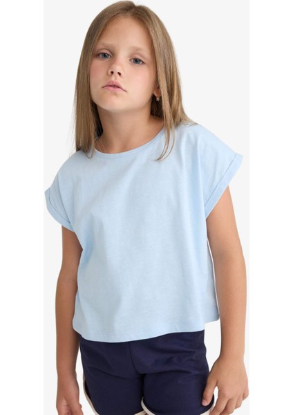 Kız Çocuk Boxy Fit Bisiklet Yaka Basic Düz Kısa Kollu Tişört C4511A825SM