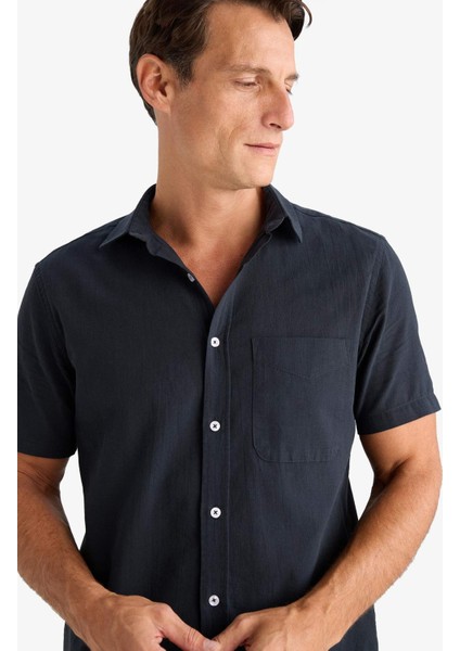 %100 Pamuk Regular Fit Yazlık Polo Yaka Keten Görünümlü Kısa Kollu Gömlek D7551AX25SP