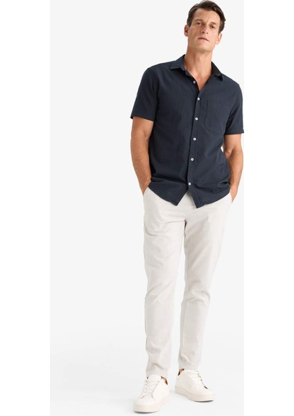 %100 Pamuk Regular Fit Yazlık Polo Yaka Keten Görünümlü Kısa Kollu Gömlek D7551AX25SP