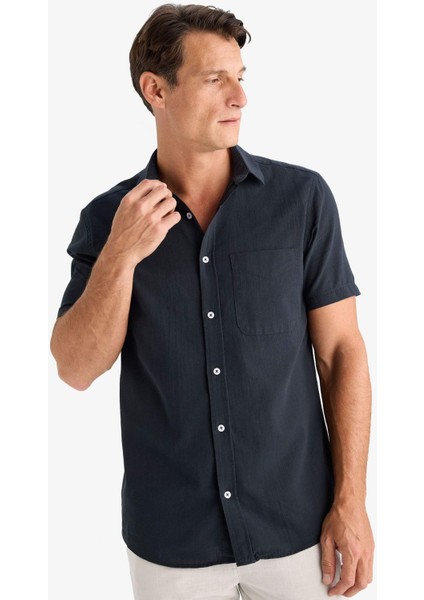 %100 Pamuk Regular Fit Yazlık Polo Yaka Keten Görünümlü Kısa Kollu Gömlek D7551AX25SP
