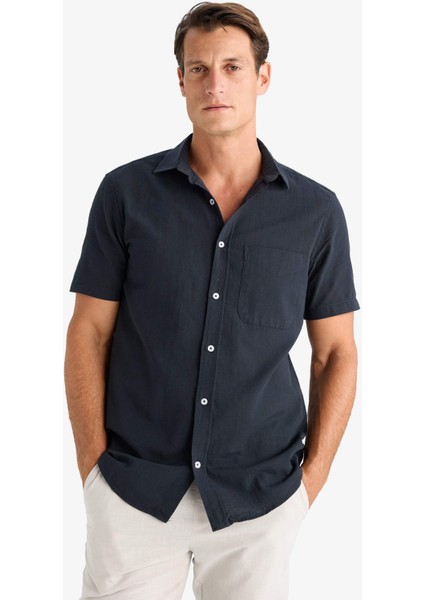 %100 Pamuk Regular Fit Yazlık Polo Yaka Keten Görünümlü Kısa Kollu Gömlek D7551AX25SP