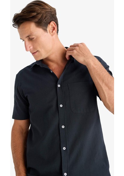 %100 Pamuk Regular Fit Yazlık Polo Yaka Keten Görünümlü Kısa Kollu Gömlek D7551AX25SP
