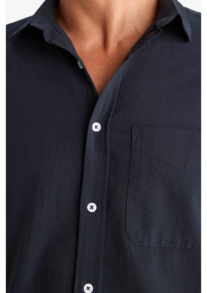 %100 Pamuk Regular Fit Yazlık Polo Yaka Keten Görünümlü Kısa Kollu Gömlek D7551AX25SP