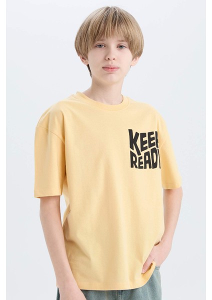 Erkek Çocuk Oversize Geniş Kalıp Bisiklet Yaka Baskılı Kısa Kollu Tişört B6165A825SM